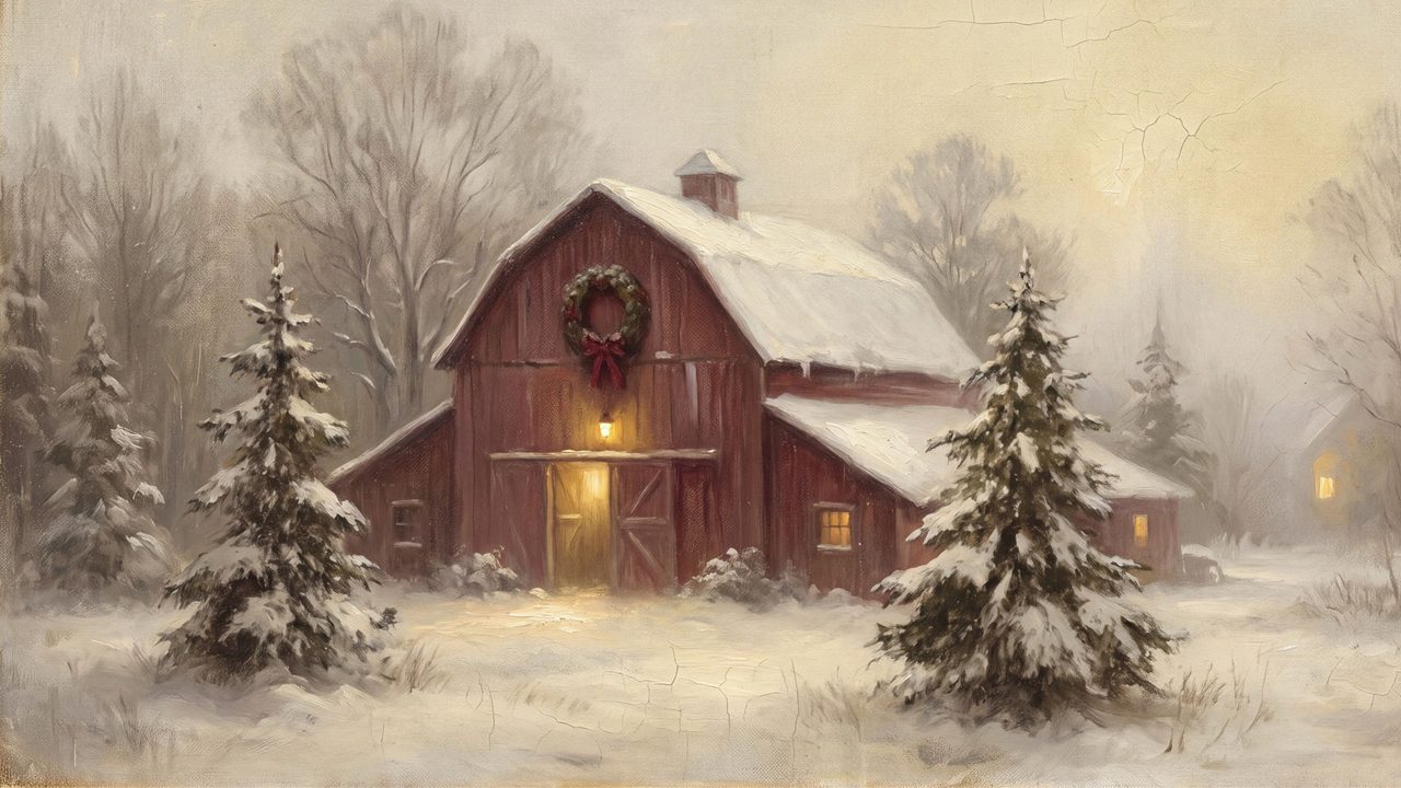 Christmas Frame TV Art, Vintage Holiday Oil Painting (Red Barn with Wreath)