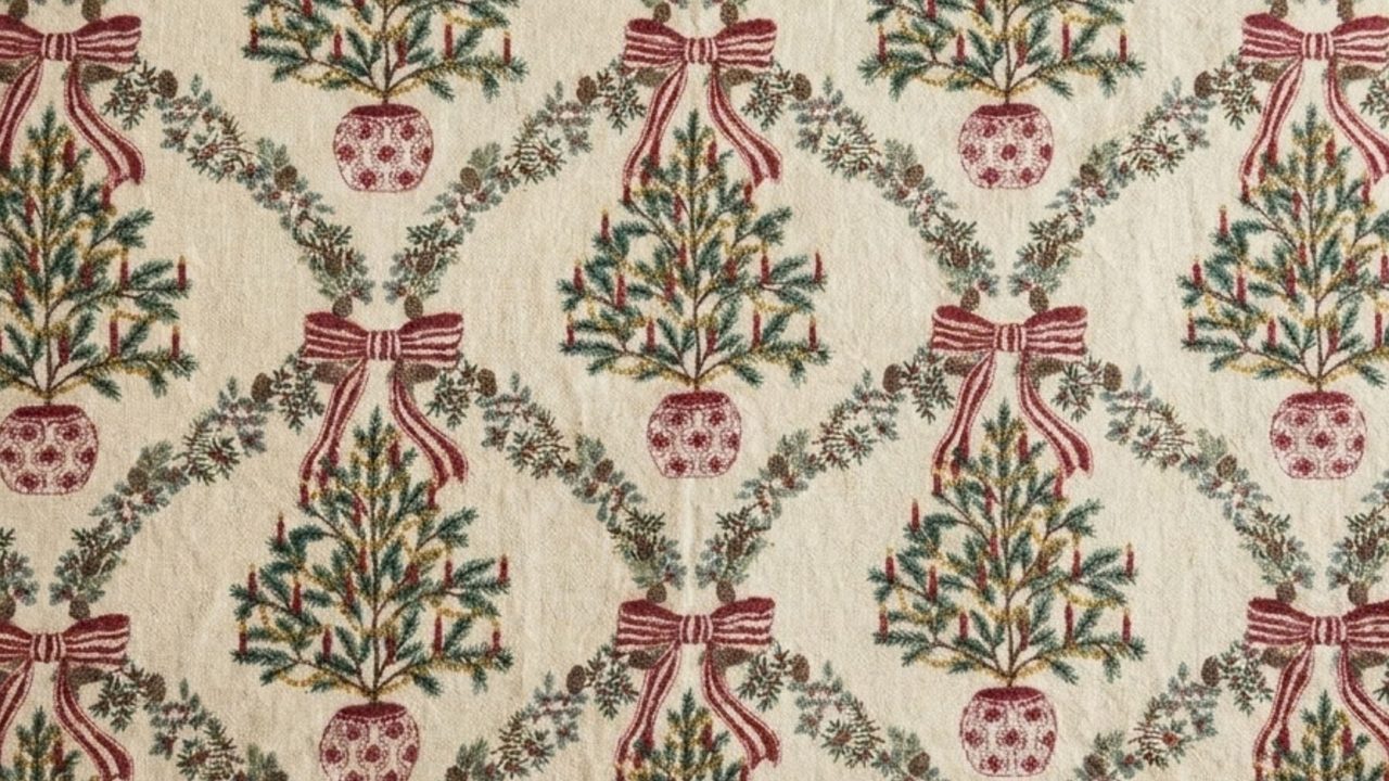 Christmas Frame TV Art, Vintage Holiday Oil Painting (Christmas Tree Damask Pattern)