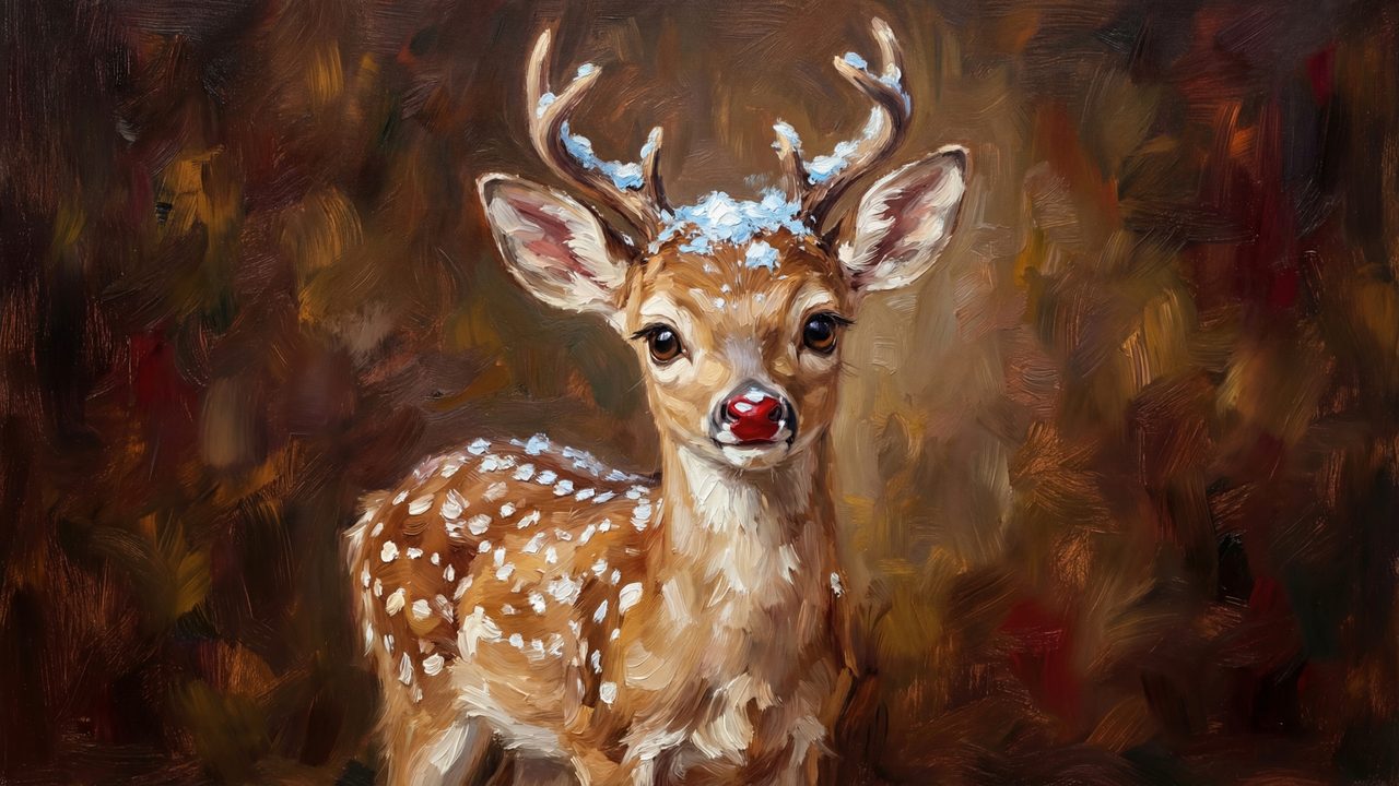 Christmas Frame TV Art, Vintage Holiday Oil Painting (Fawn with Red Nose)