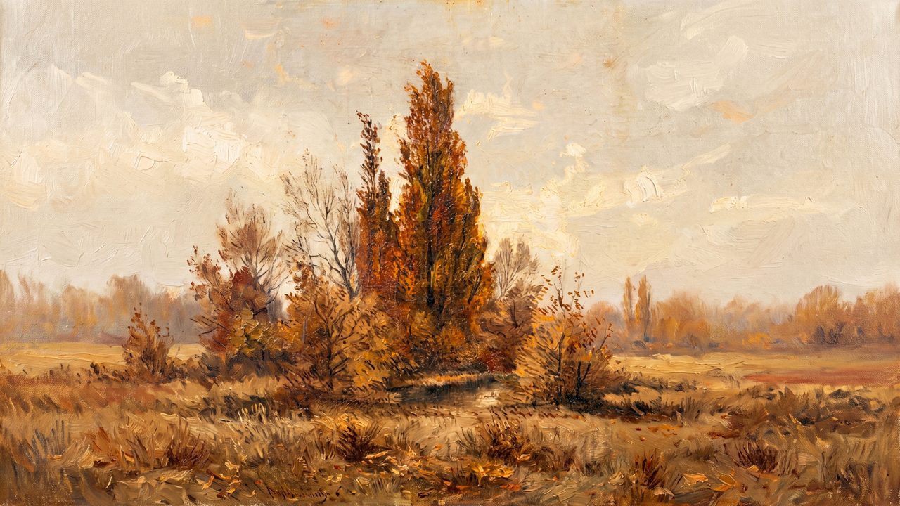 Fall Frame TV Art, Vintage Autumn Oil Painting (Autumn Poplars in Field)