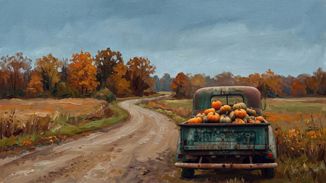 Fall Frame TV Art, Vintage Autumn Oil Painting (Pickup Truck with Pumpkins)