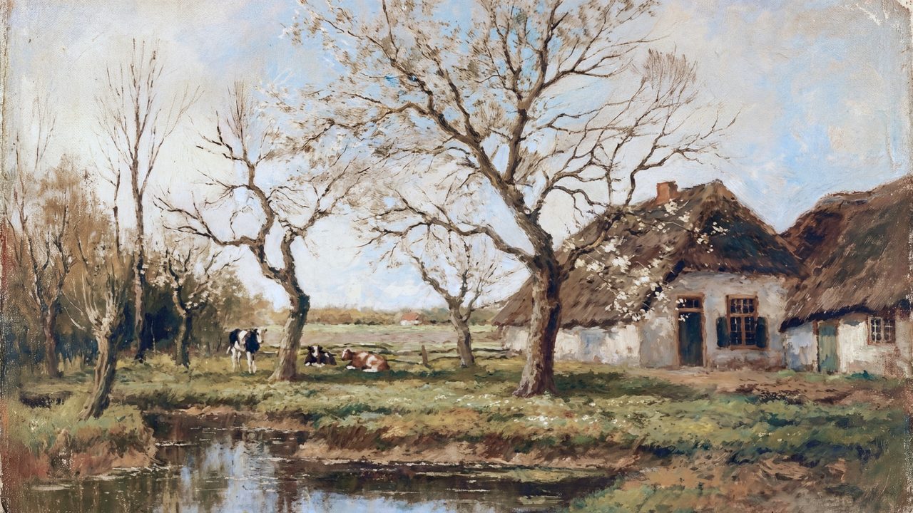 Vintage Frame TV Art, Antique Landscape Oil Painting (Farmhouse by Pond with Cows)
