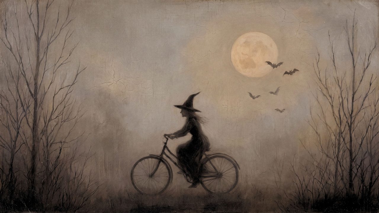 Halloween Frame TV Art, Vintage Moody Oil Painting (Witch Riding Bicycle)