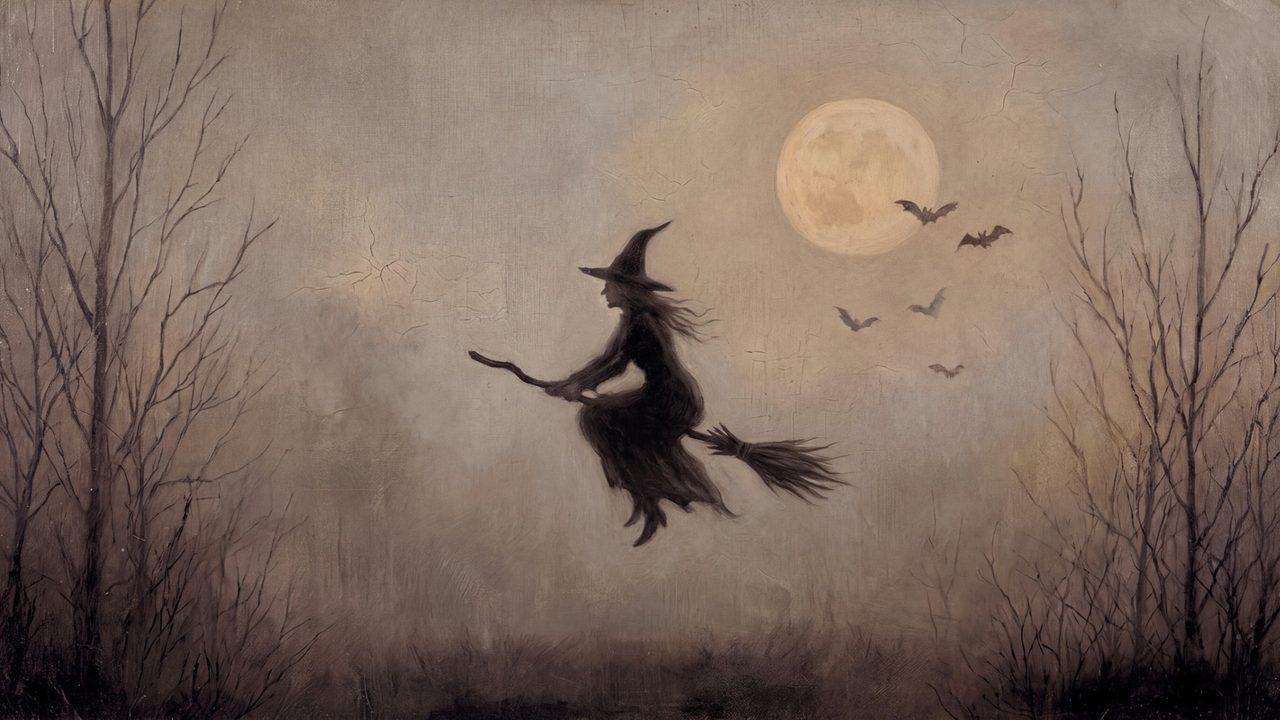 Witch Flying on Broomstick, Halloween Frame TV Art, Full Moon and Bats, Vintage Witch Oil Painting