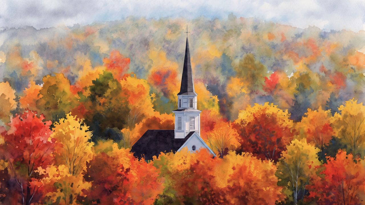 Fall Frame TV Art, Vintage Autumn Oil Painting (White Church in Autumn Forest)