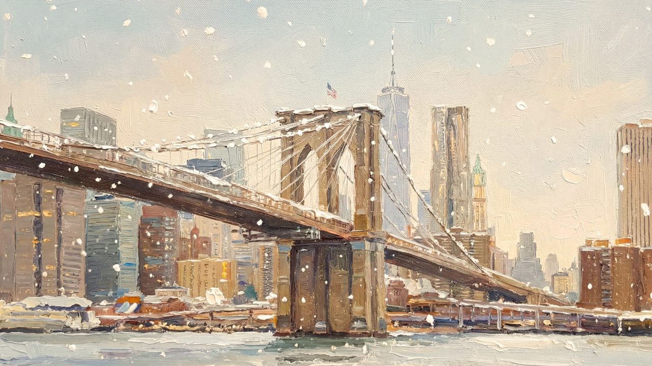 Christmas Frame TV Art, Vintage Holiday Oil Painting (Brooklyn Bridge in Snow)
