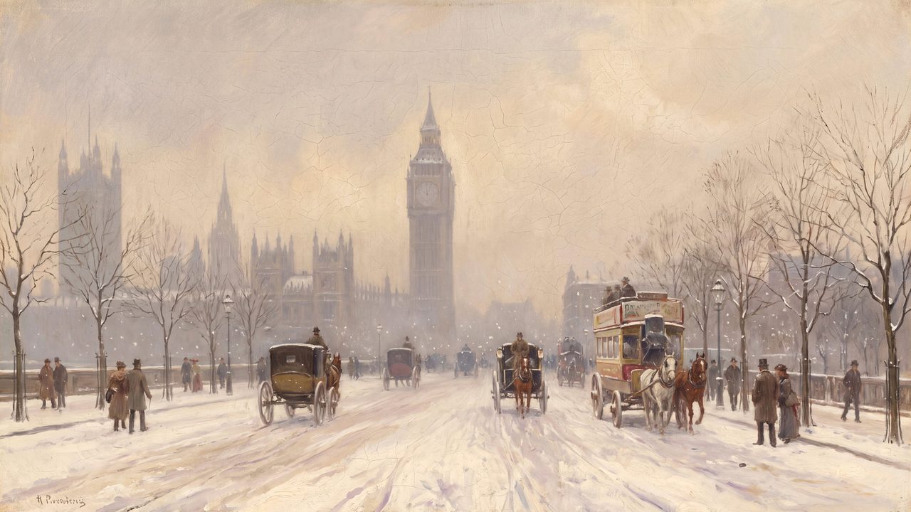 Christmas Frame TV Art, Vintage Holiday Oil Painting (Snowy London Street Scene)
