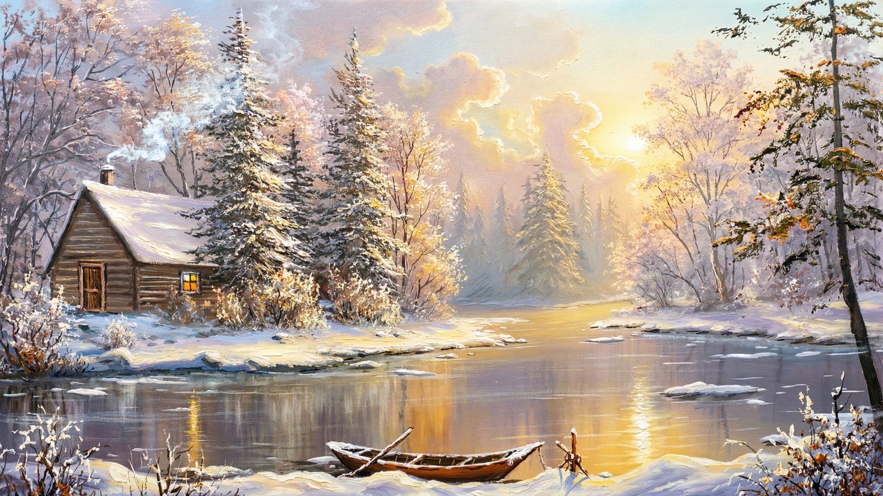 Samsung Frame TV Art Winter Cabin Landscape • Snowy River Sunrise Painting • Cozy Rustic Nature Artwork