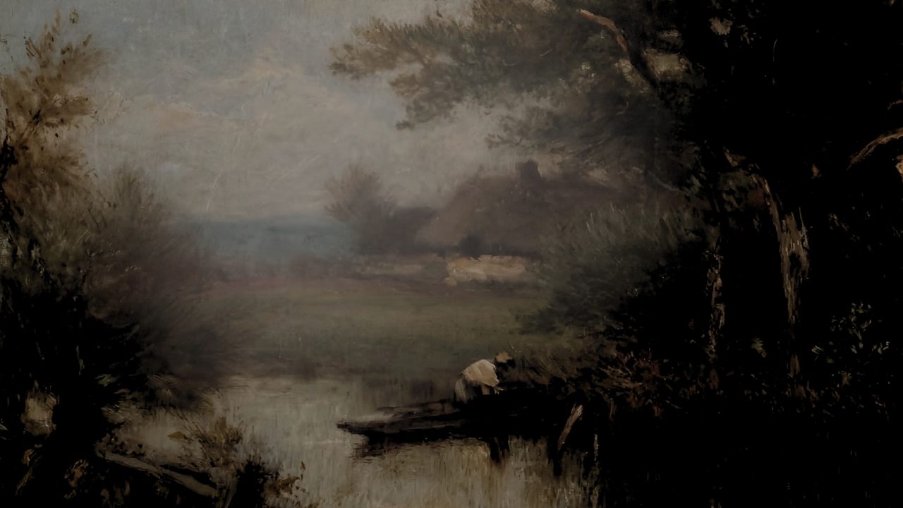 Dark Academia Frame TV Art, Moody Vintage Oil Painting (Misty River in Dark Woods)