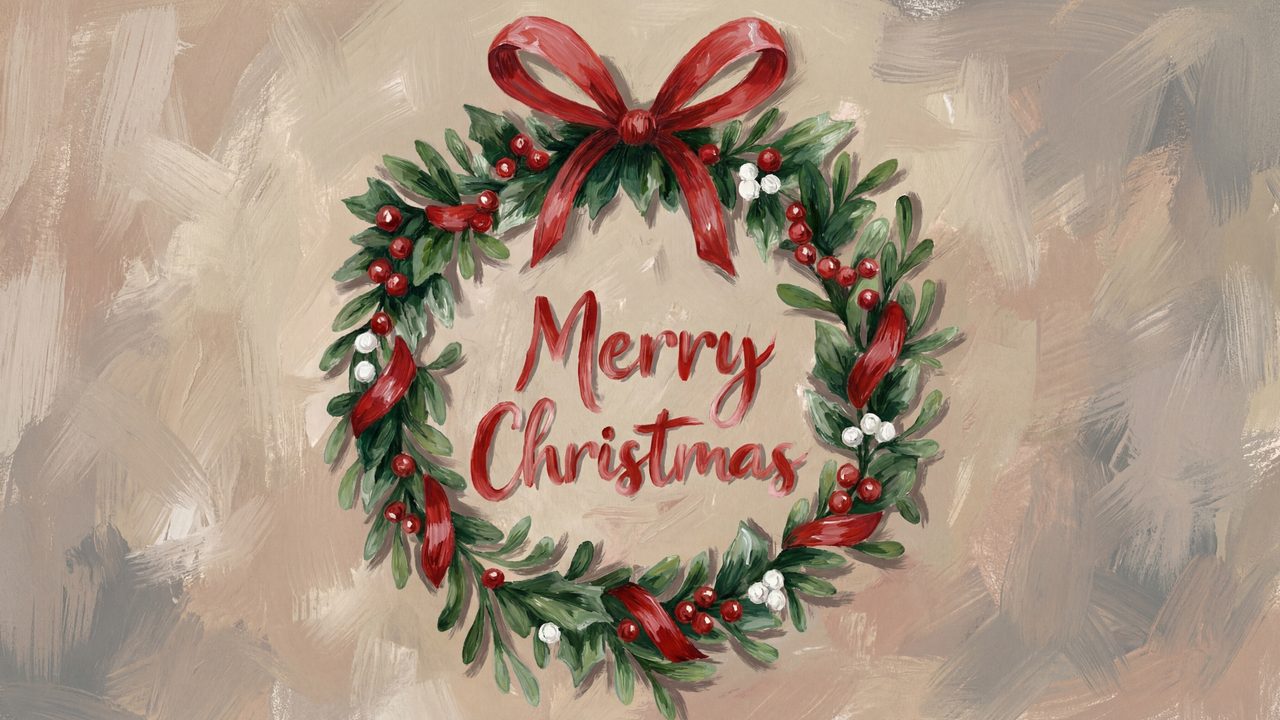 Christmas Frame TV Art, Vintage Holiday Oil Painting (Merry Christmas Wreath)
