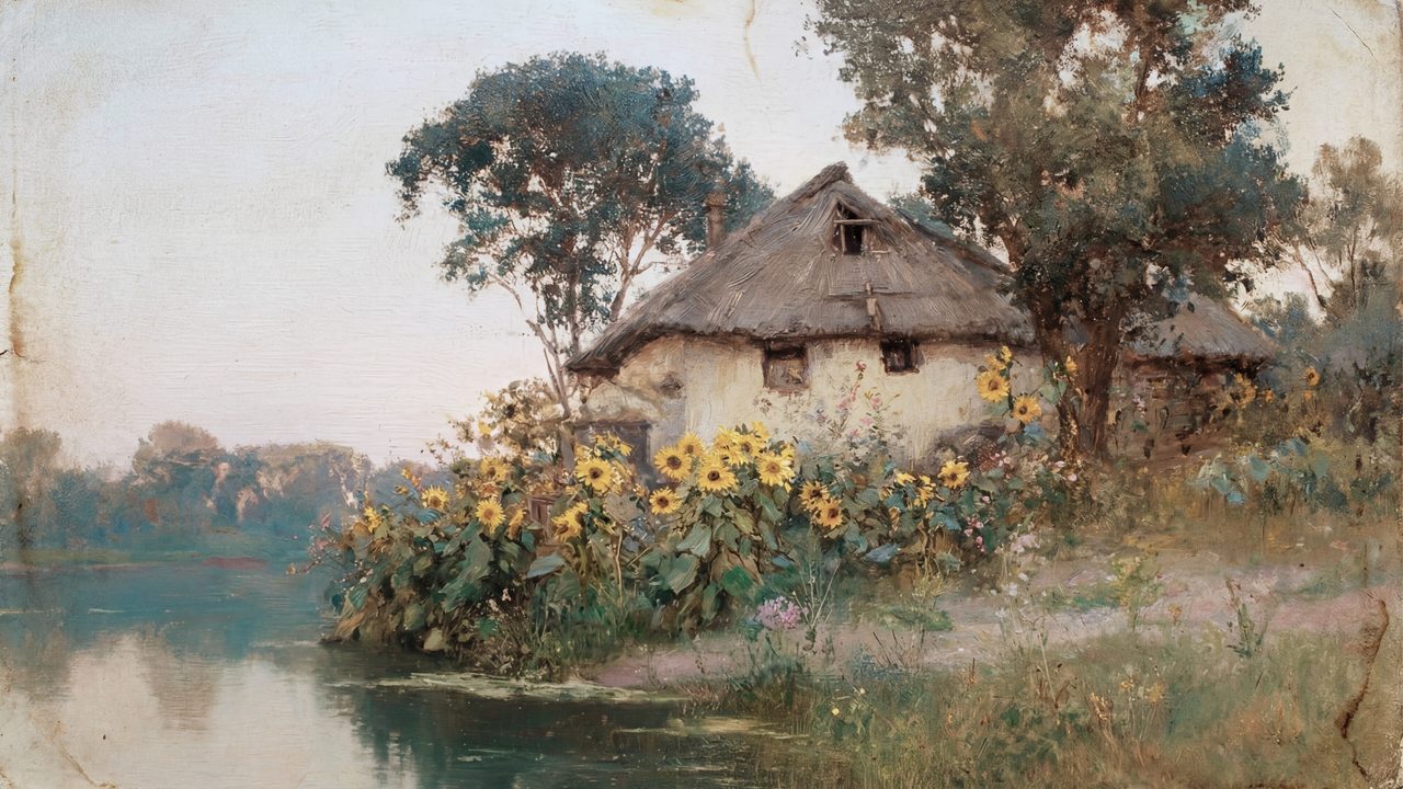 Vintage Frame TV Art, Antique Landscape Oil Painting (Cottage with Sunflowers by Lake)
