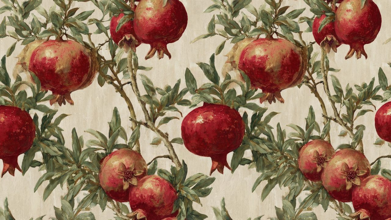 Vintage Frame TV Art, Antique Landscape Oil Painting (Pomegranates on Branches)