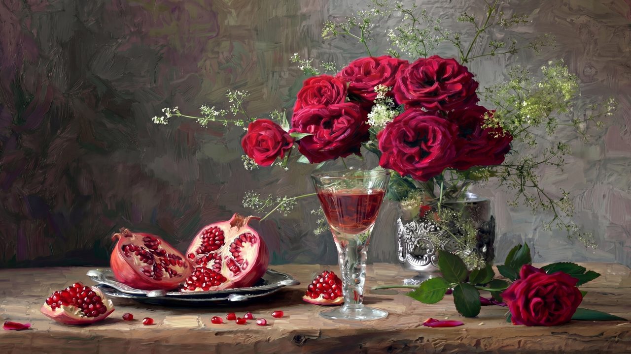 Valentine Frame TV Art, Romantic Vintage Oil Painting (Red Roses with Pomegranate)