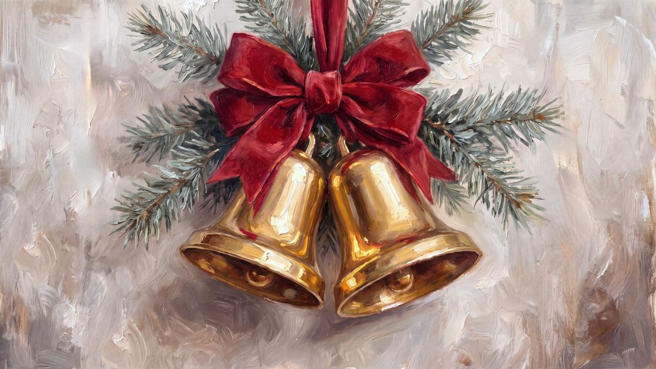 Christmas Frame TV Art, Vintage Holiday Oil Painting (Golden Bells with Red Bow)