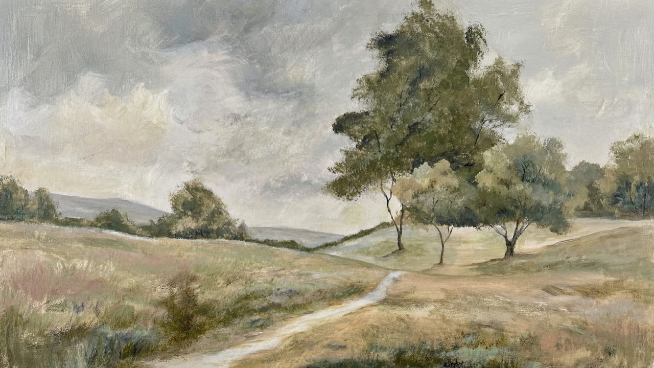 Vintage Frame TV Art, Antique Landscape Oil Painting (Path Through Rolling Hills)