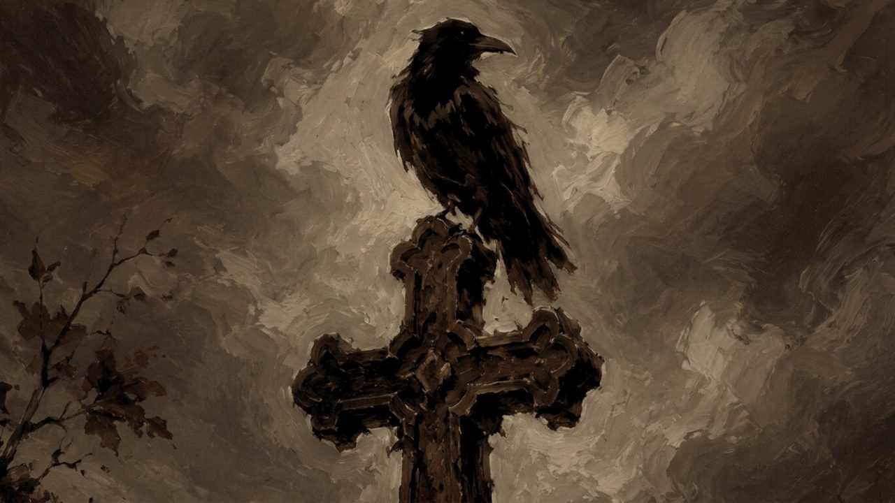 Fall Frame TV Art, Vintage Autumn Oil Painting (Raven on Stone Cross)