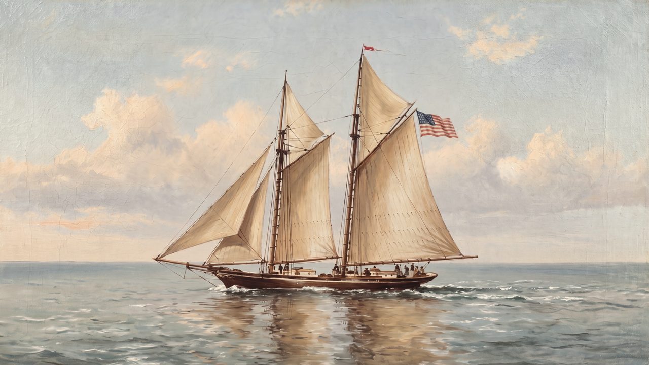 Nautical Frame TV Art, Coastal Oil Painting (Schooner with American Flag)