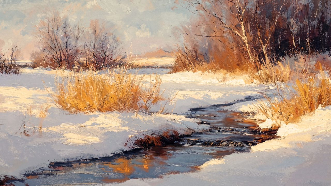 Christmas Frame TV Art, Vintage Holiday Oil Painting (Winter Creek at Golden Hour)
