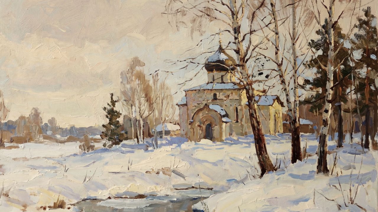Christmas Frame TV Art, Vintage Holiday Oil Painting (Snowy Chapel Among Birches)