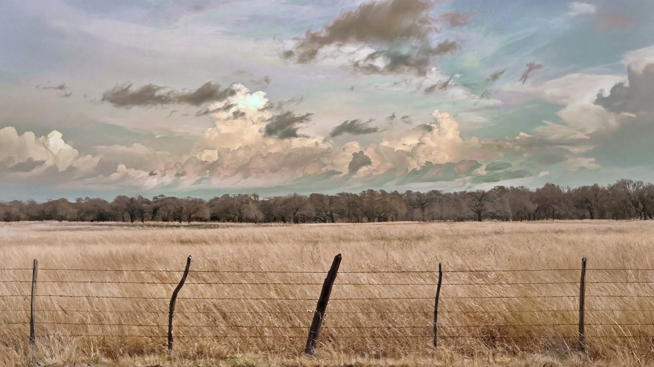 Vintage Frame TV Art, Antique Landscape Oil Painting (Fenced Field Under Clouds)