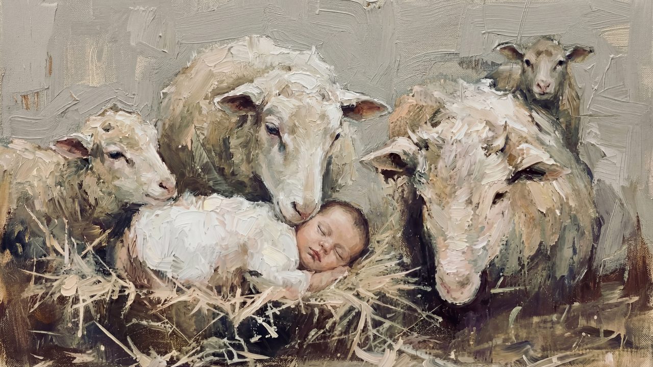 Baby Jesus with Sheep Samsung Frame TV Art, Nativity Scene Screen Decor, Christian Religious Oil Painting