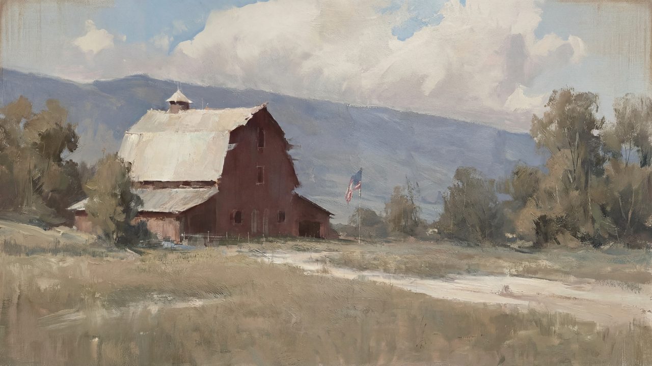 Vintage Frame TV Art, Antique Landscape Oil Painting (Red Barn in Valley)