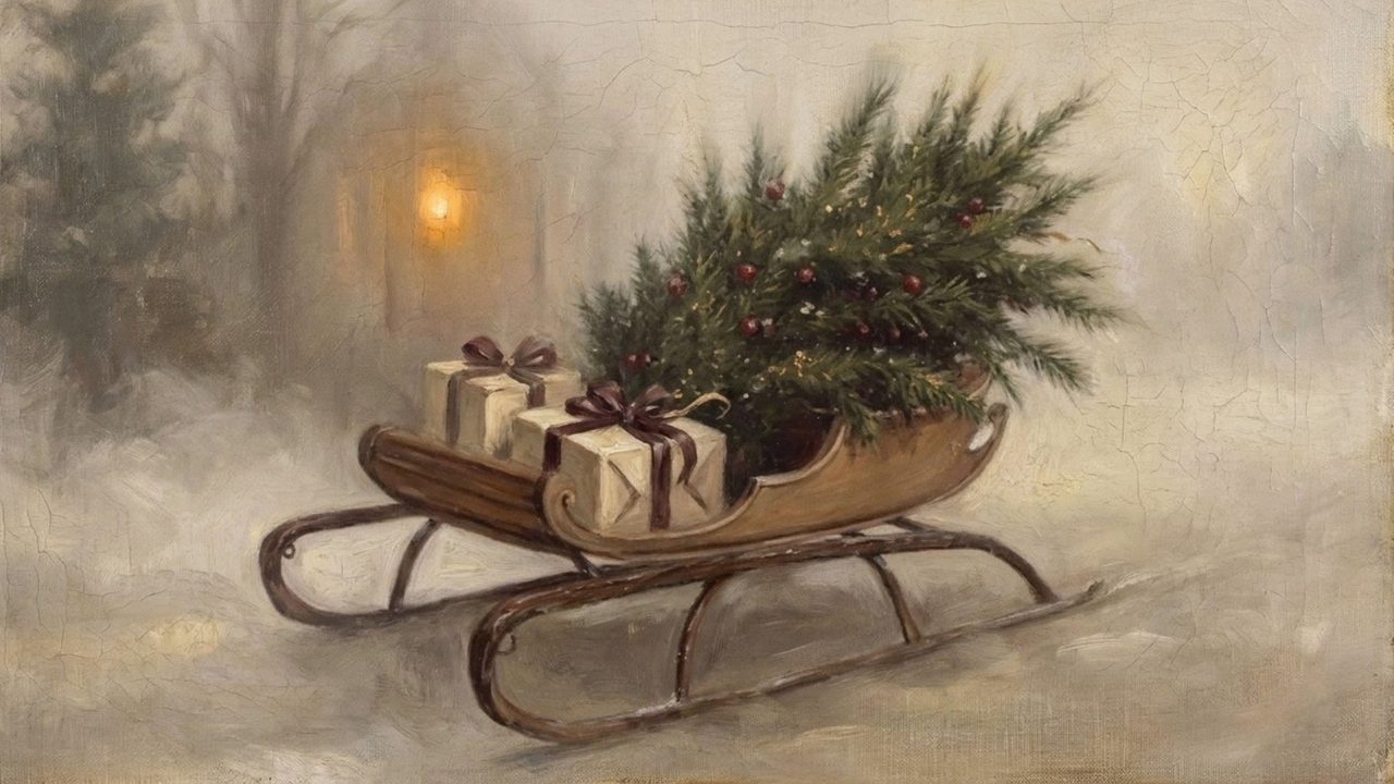 Christmas Frame TV Art, Vintage Holiday Oil Painting (Sled with Tree and Gifts)