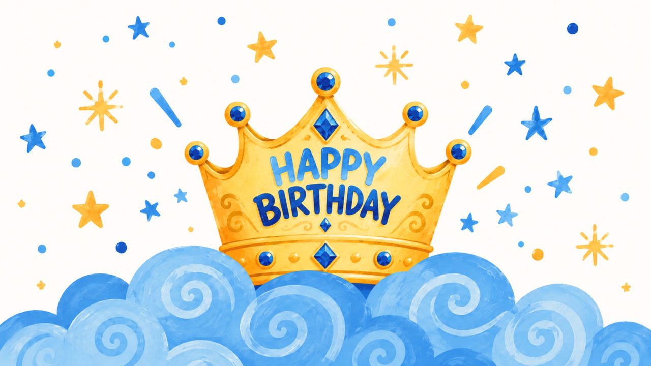 Happy Birthday Frame TV Art, Colorful Party TV Background (Gold Crown on Blue Clouds)