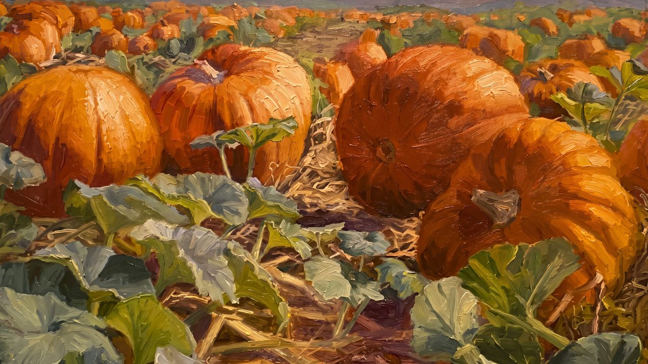 Fall Frame TV Art, Vintage Autumn Oil Painting (Pumpkins on the Vine)