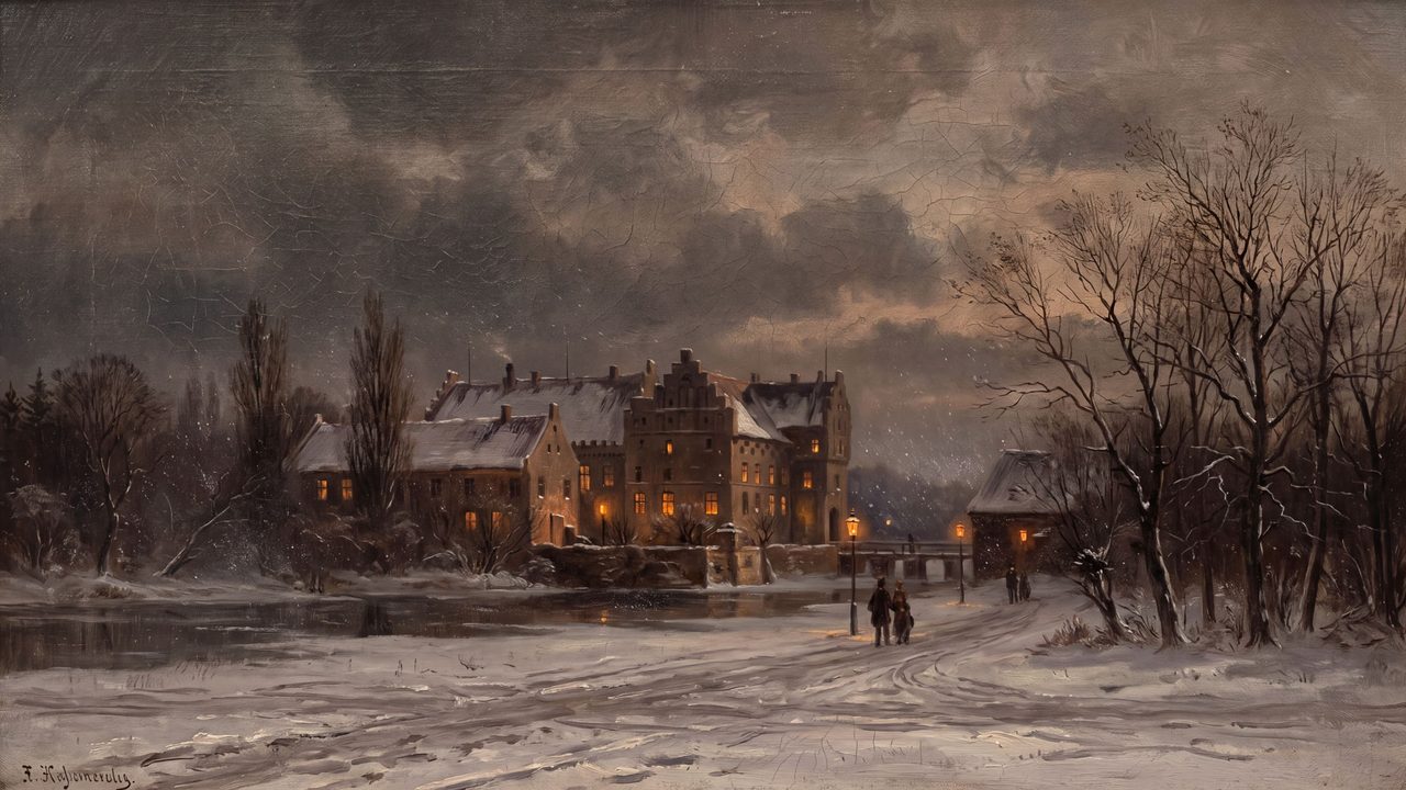 Christmas Frame TV Art, Vintage Holiday Oil Painting (Manor at Stormy Winter Dusk)