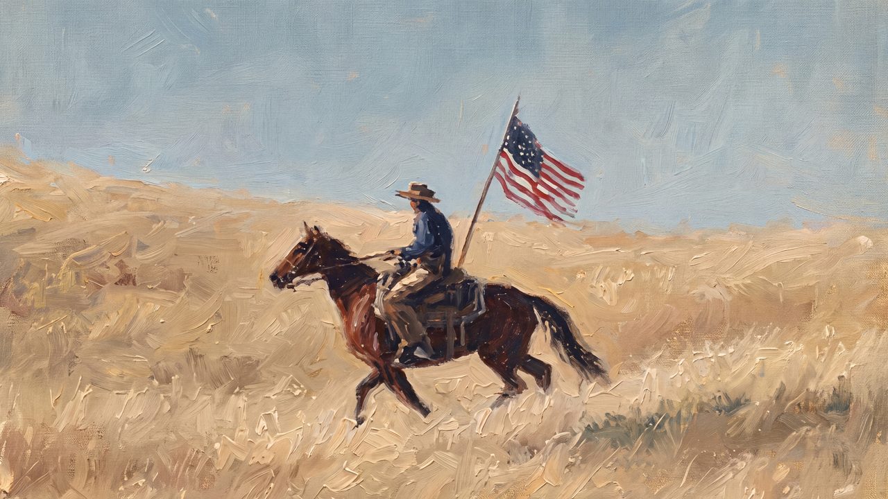4th of July Frame TV Art, Patriotic American Oil Painting (Rider with Flag in Prairie)