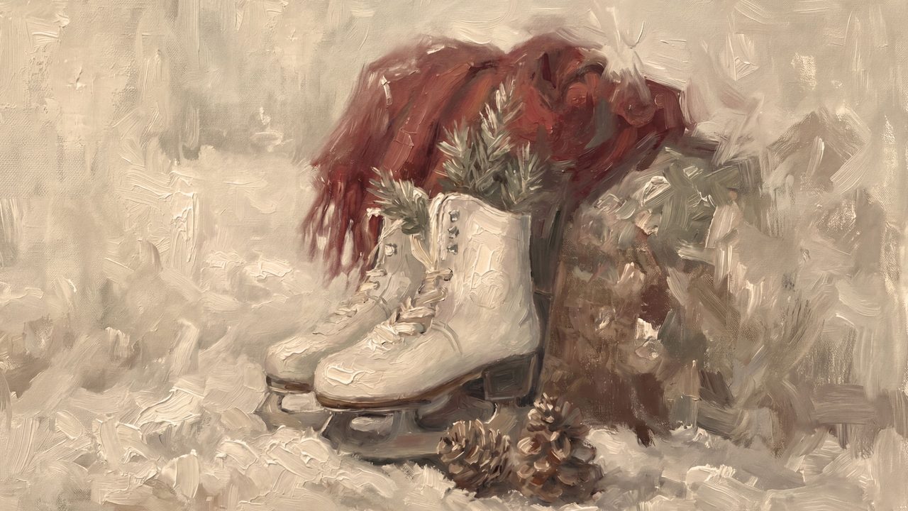 Christmas Frame TV Art, Vintage Holiday Oil Painting (Ice Skates with Red Hat)