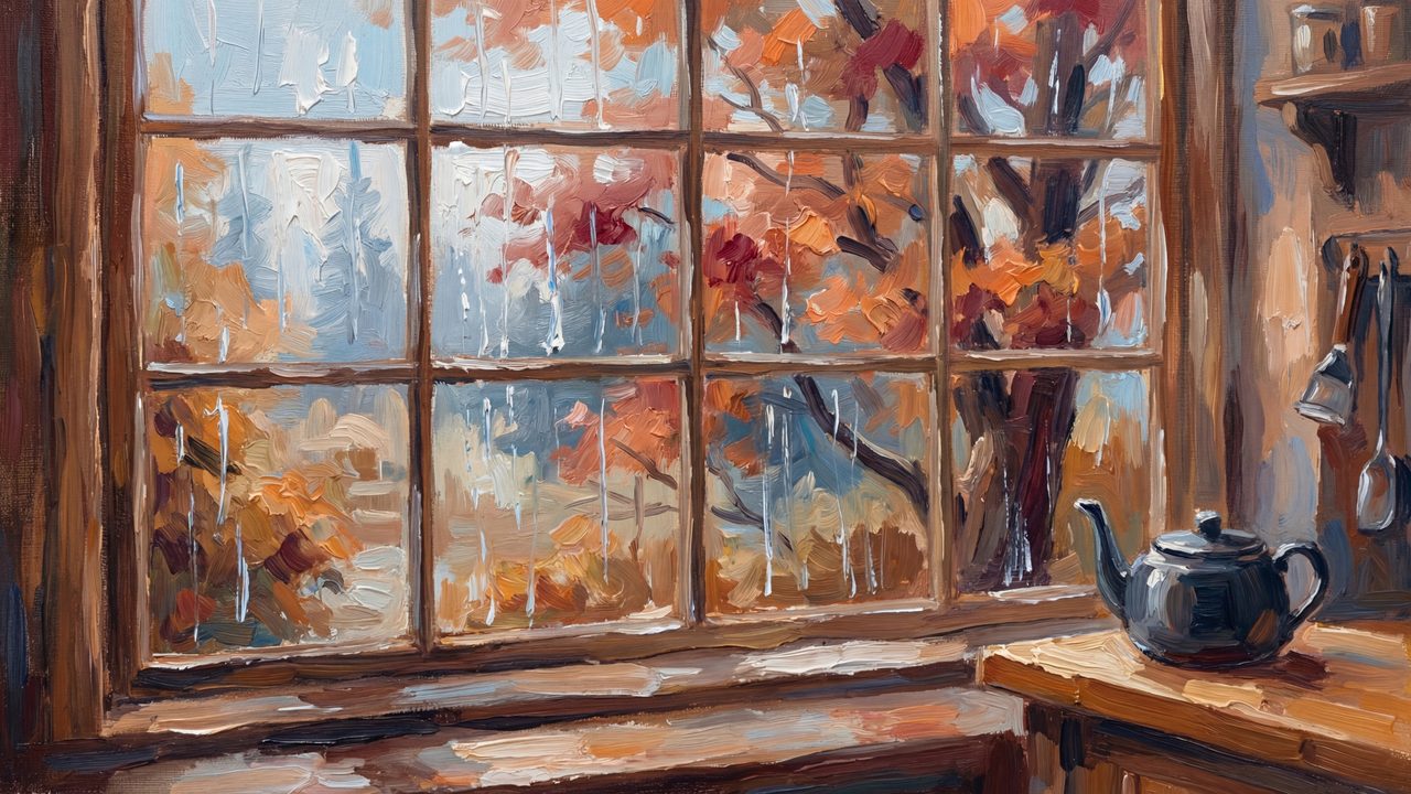 Fall Frame TV Art, Vintage Autumn Oil Painting (Window with Autumn View)