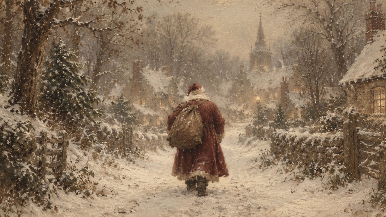 Christmas Frame TV Art, Vintage Holiday Oil Painting (Santa Walking Snowy Lane)