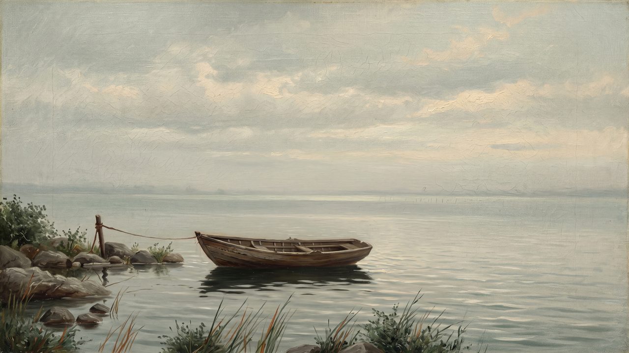 Nautical Frame TV Art, Coastal Oil Painting (Rowboat on Still Water)