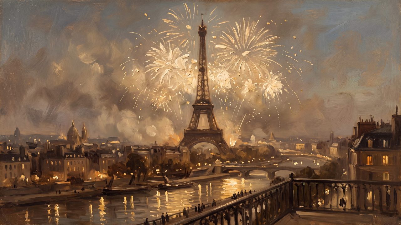 New Year Frame TV Art, Festive Celebration TV Background (Eiffel Tower New Year Fireworks)