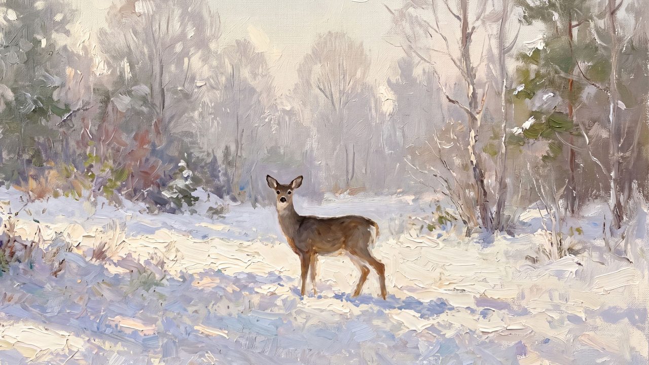Christmas Frame TV Art, Vintage Holiday Oil Painting (Deer in Snowy Clearing)