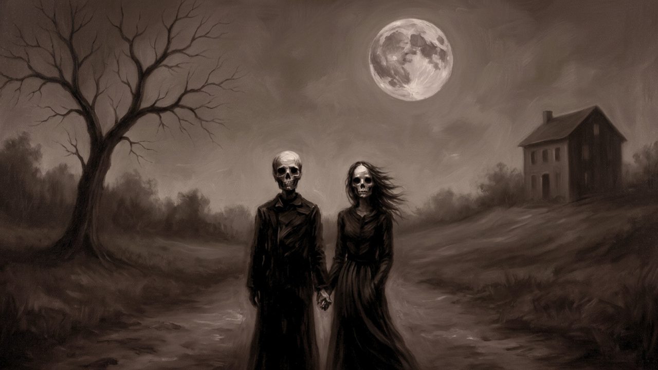 Fall Frame TV Art, Vintage Autumn Oil Painting (Skeleton Couple Under Moon)