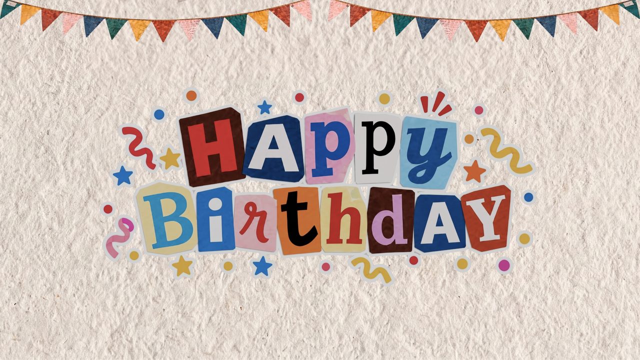 Happy Birthday Frame TV Art, Colorful Party TV Background (Collage Letters with Bunting)