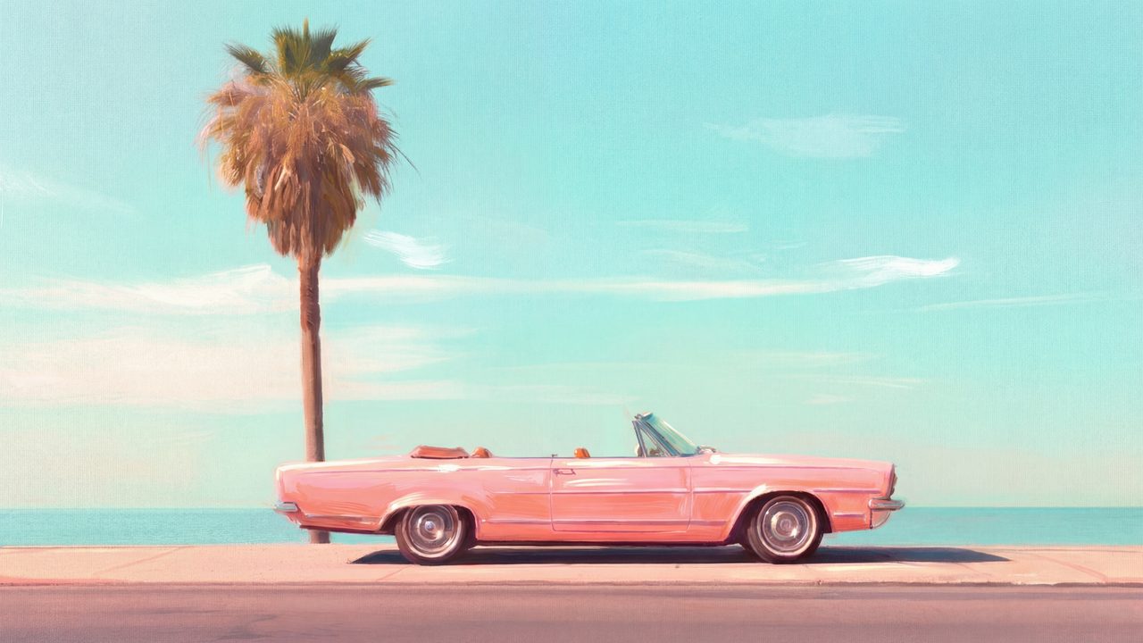 Summer Frame TV Art, Coastal Beach Oil Painting (Pink Convertible by Palm)