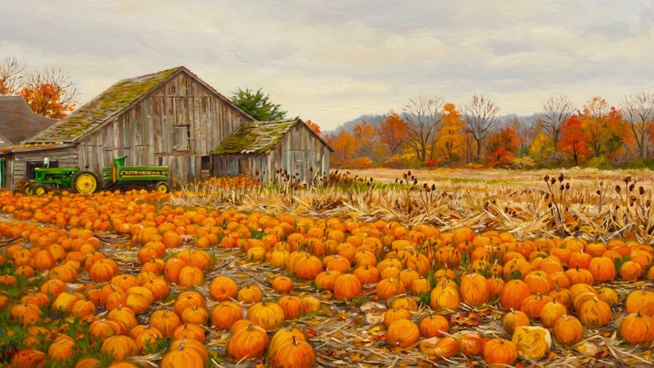 Fall Frame TV Art, Vintage Autumn Oil Painting (Barn by Pumpkin Field)