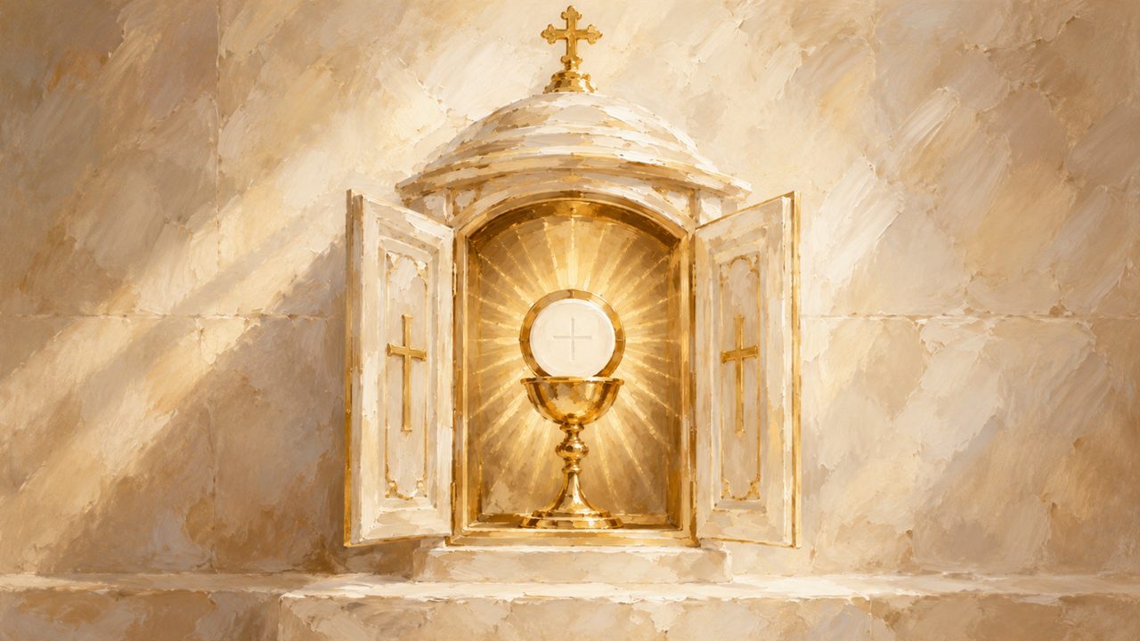 Christian Frame TV Art, Jesus Religious Oil Painting (Golden Chalice in Tabernacle)