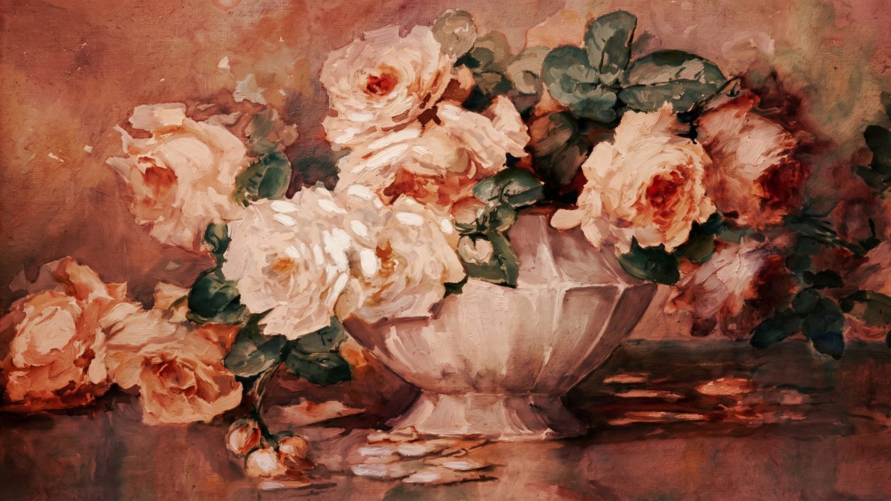 Valentine Frame TV Art, Romantic Vintage Oil Painting (Peach Roses in White Bowl)