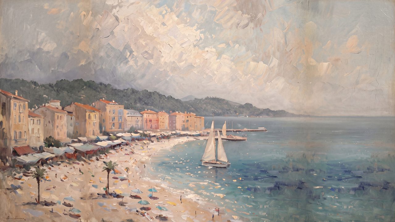 Nautical Frame TV Art, Coastal Oil Painting (Coastal Town Beach)
