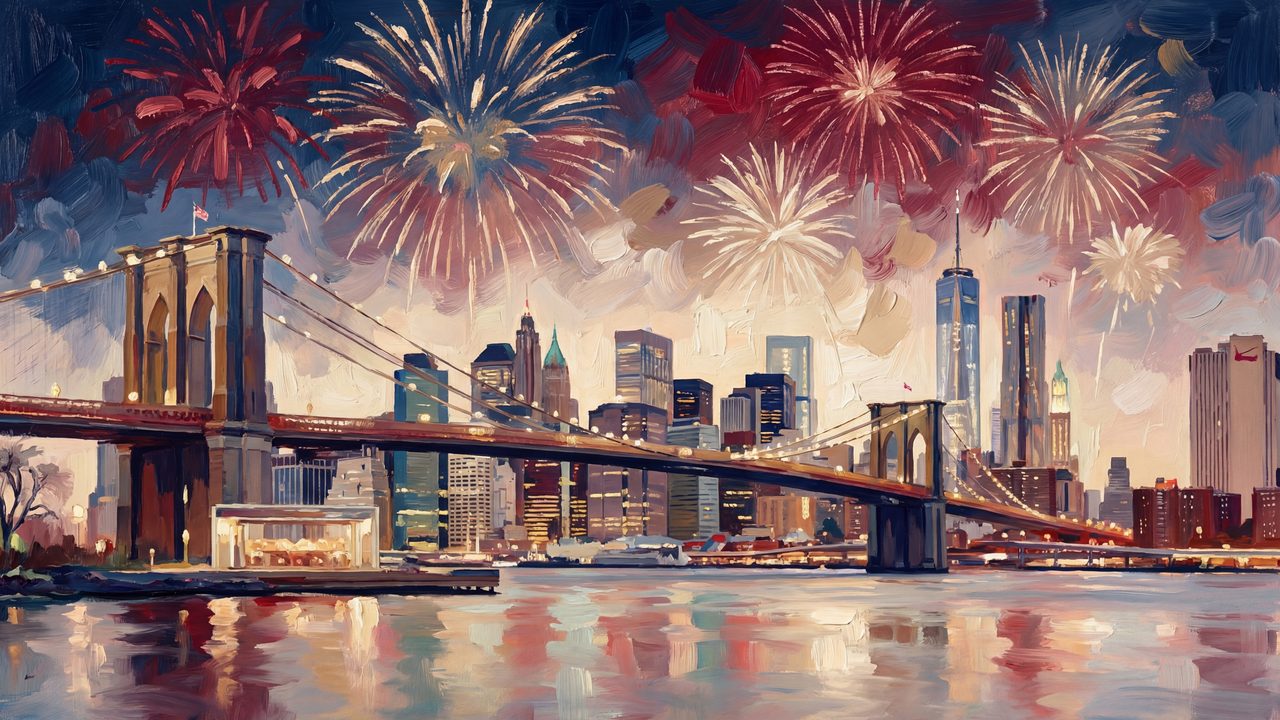 4th of July Frame TV Art, Patriotic American Oil Painting (Brooklyn Bridge Fireworks)