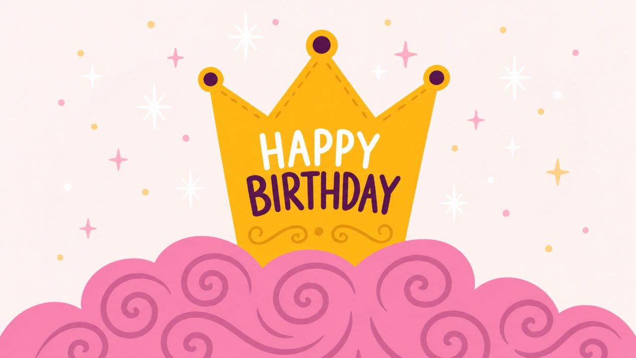 Happy Birthday Frame TV Art, Colorful Party TV Background (Gold Crown on Pink Clouds)