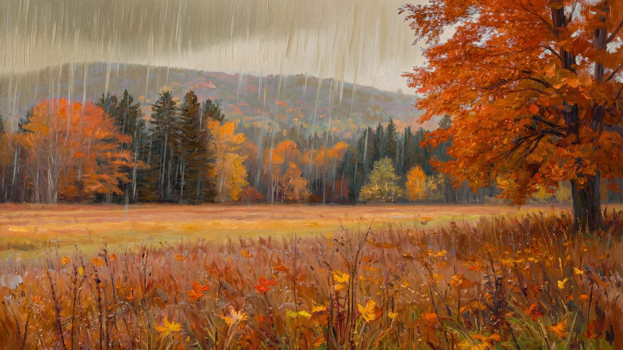 Fall Frame TV Art, Vintage Autumn Oil Painting (Autumn Meadow in Rain)