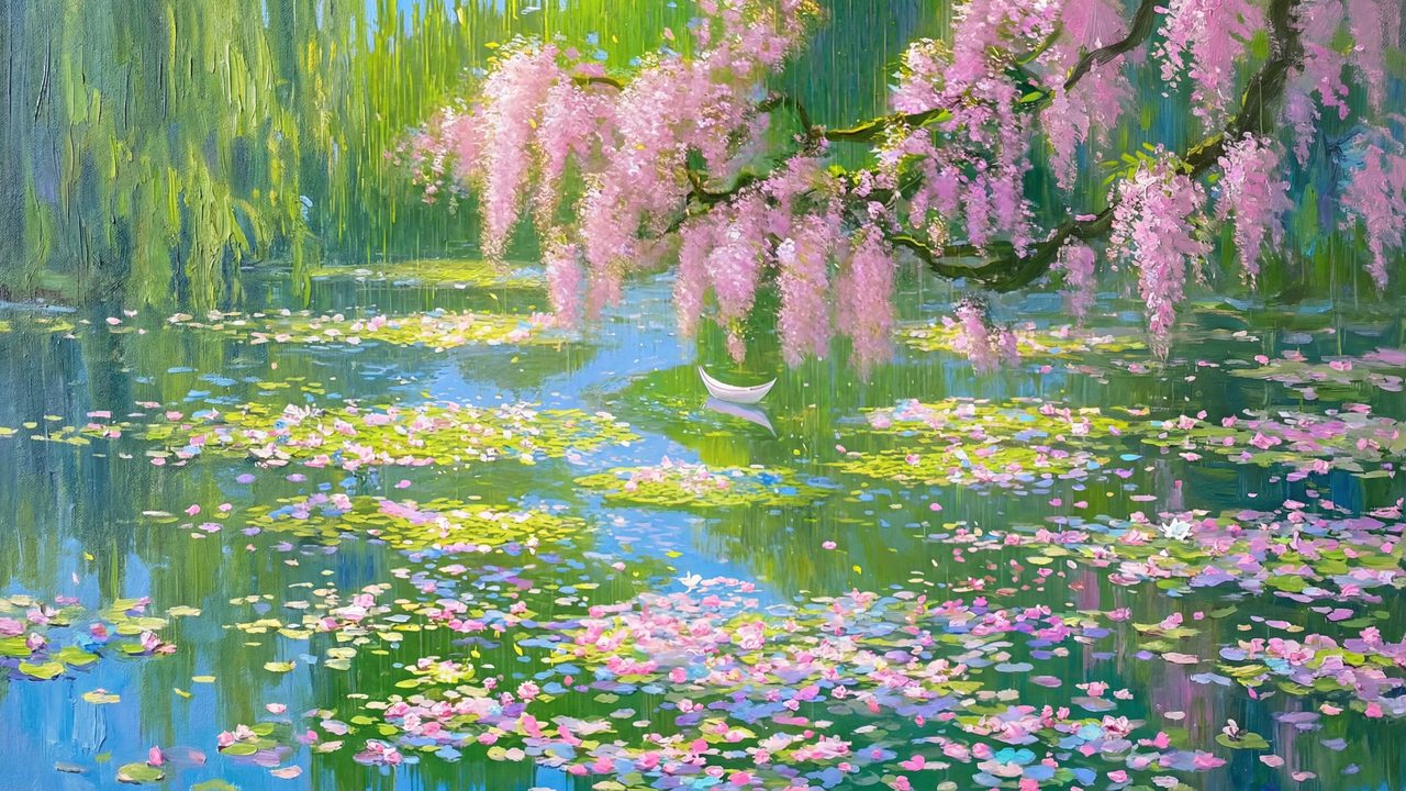Spring Frame TV Art, Vintage Floral Landscape Oil Painting (Wisteria over Lily Pond)