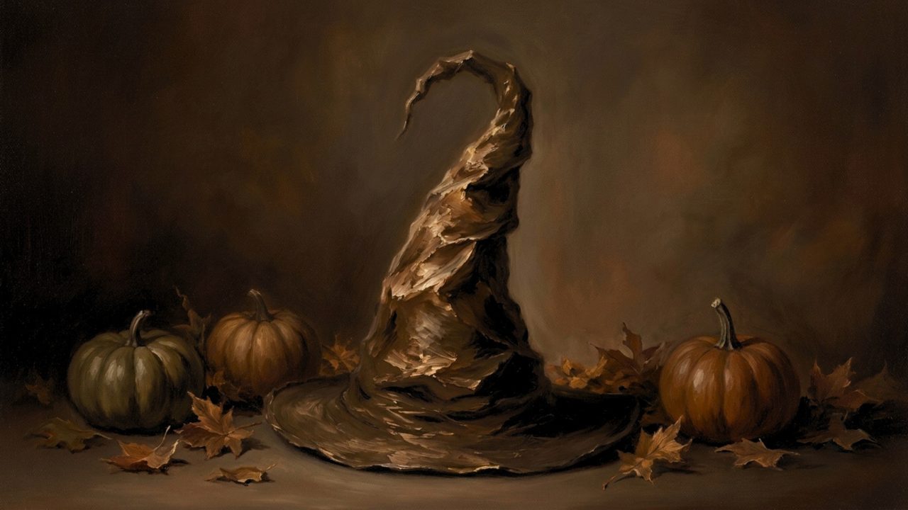 Fall Frame TV Art, Vintage Autumn Oil Painting (Witch Hat with Pumpkins)