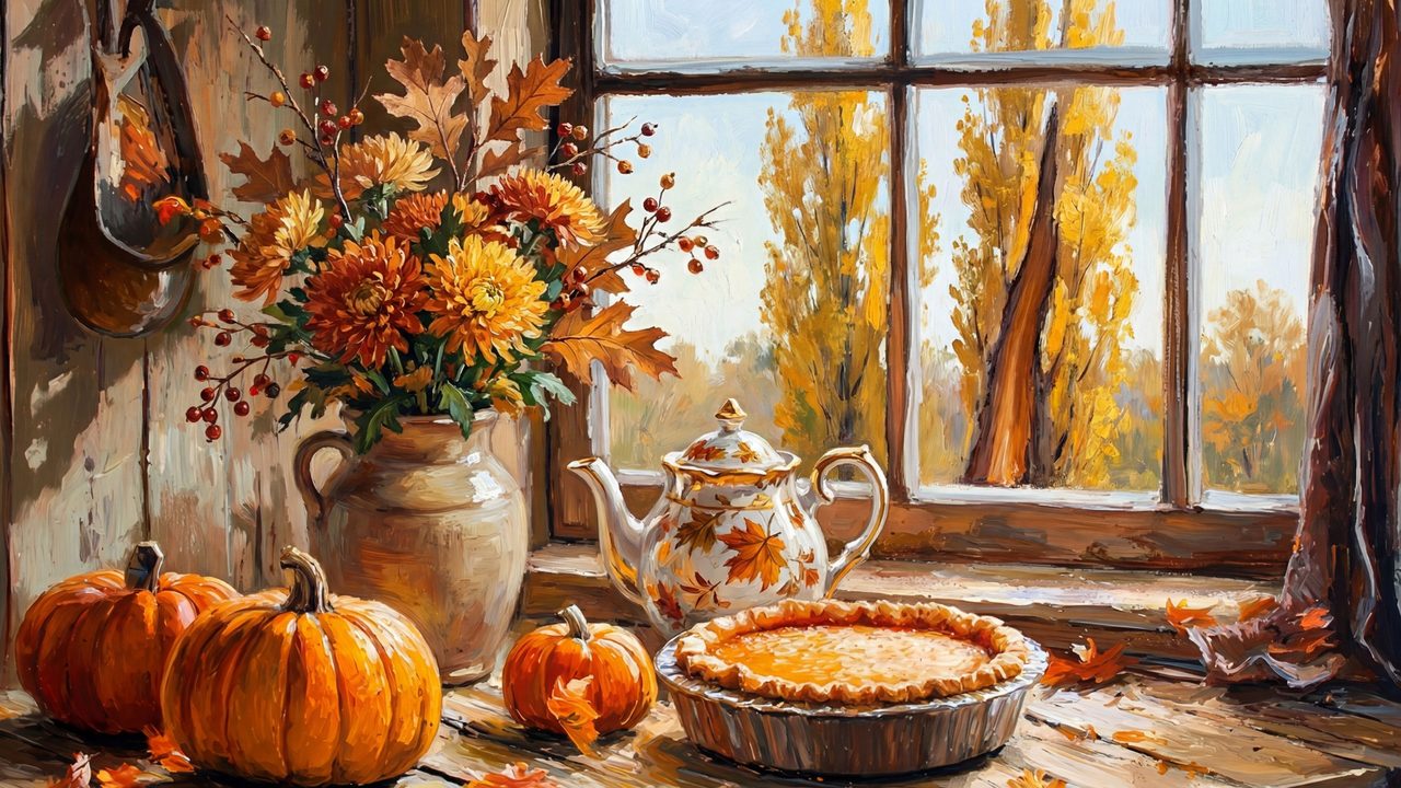Fall Frame TV Art, Vintage Autumn Oil Painting (Pumpkin Pie by Autumn Window)